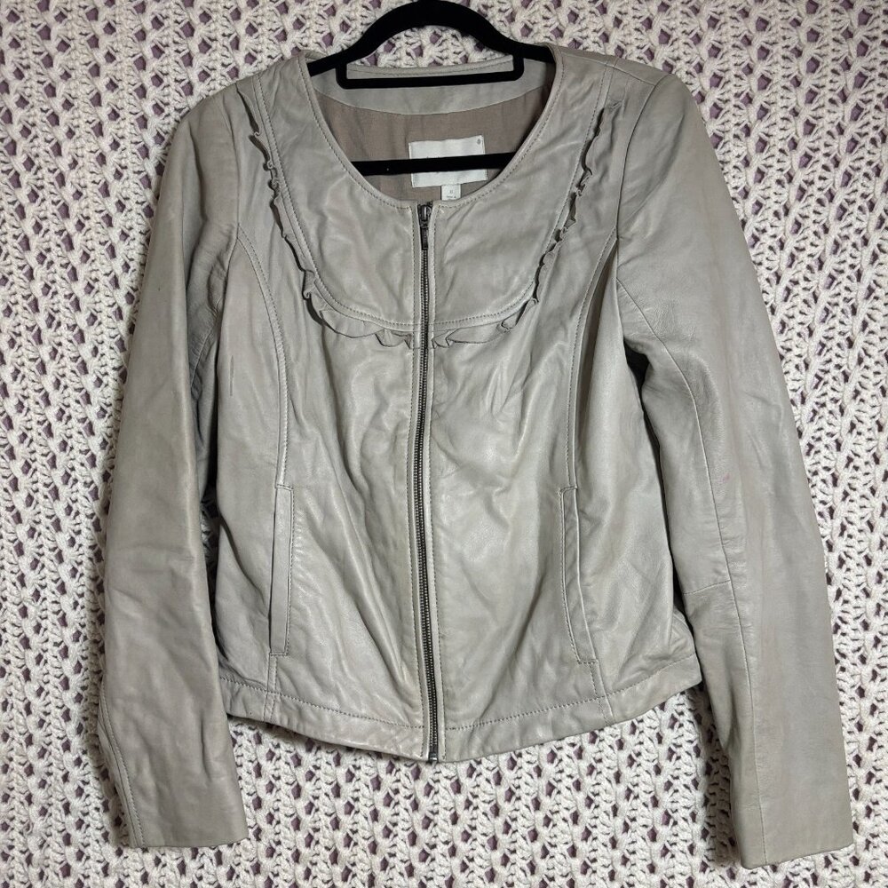 Hinge Leather Jacket‎ Lambskin Tan Solid Collarless Moto Style Small